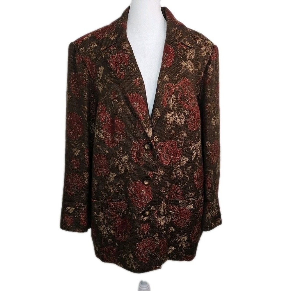MAGGIE‎ BARNES BLAZER JACKET Women's 2X Brown Floral Rose 3 Buttons